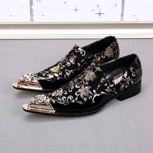 Black Italian Mens Loafers genuine Leather Metallic Toe Mens Glitter Shoes Gold Floral Print Men Wedding dress Shoes Men Luxury