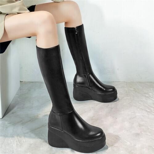 Black Thigh High Fashion Sneakers Women Genuine Leather Wedges High Heel Motorcyle Boots Female Round Toe Platform Pumps Shoes