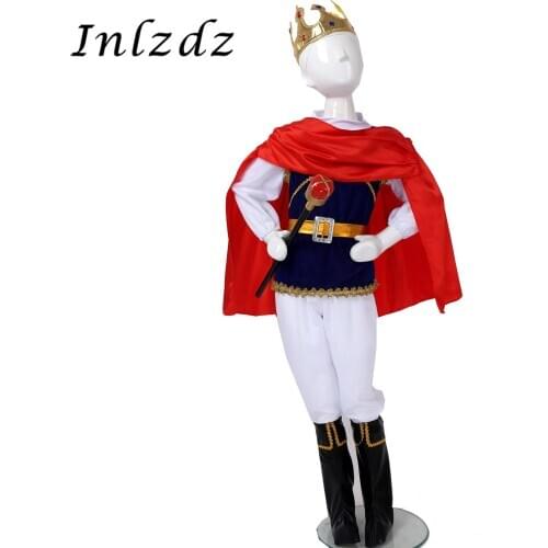 Kids Boys Medieval Prince Costume Halloween Dress Up Cosplay Outfit Tops with Pants Belt Cape Headband Truncheon Shoe Covers Set