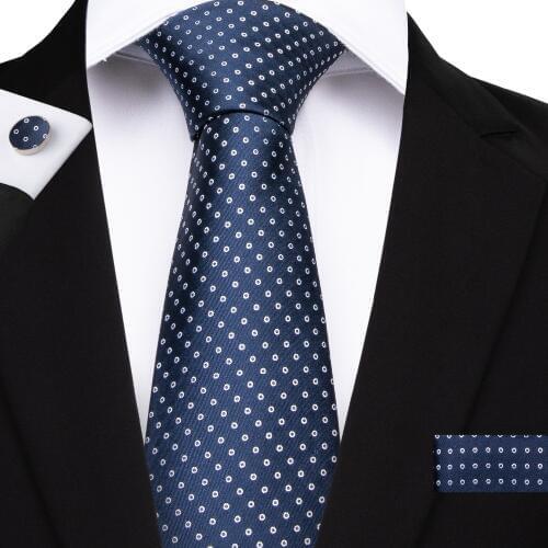 DiBanGu Top Navy Blue White Dot Mens Tie Business Wedding Party Tie Set 8cm Wide Necktie Hanky Cufflinks Tie for Men MJ-7148