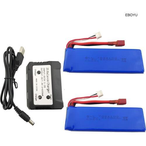 EBOYU 2pcs * 7.4V 2200mah Lipo Battery w/ T Connector + 1 to 2 Balance Charger for WLtoys K949 10428 10428-A L202 RC Car Truck