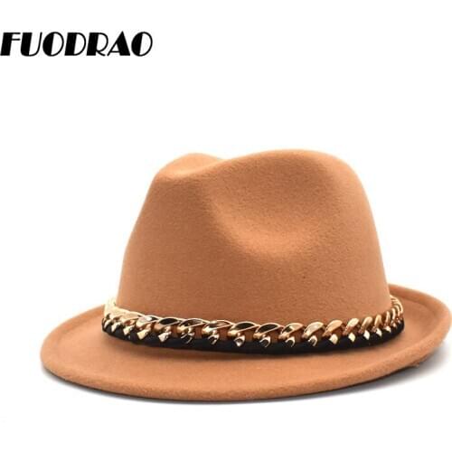 FUODRAO New Autumn Winter Wool Fedoras Hats Women Chain Wide Brim Panama Jazz Hat Men British Vintage Cowboy Hat F114