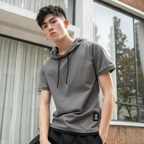 TFETTERS False Two Short Sleeve T-shirt Mens Hoods Casual Loose Summer New Solid Color Stitching Cotton Top Tee