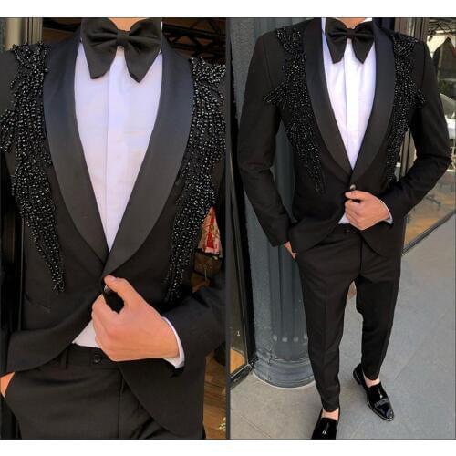 Summer Handsome Mens Suits Luxury Beading Party 2 Pieces Groom Wedding Tuxedos Best Man Prom Blazer Suit (Jacket+pants)
