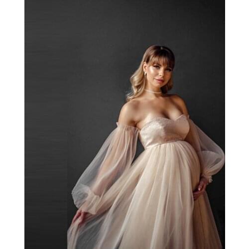 Fashion Pleated Mesh Maternity Dress With Long Puff Sleeves Off The Shoulder Tulle A-line Pregnancy Gowns To Wedding Party