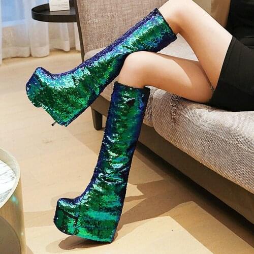 New Ladies Nightclub Sequined Knee Boots Spring Autumn Fashion Slip On Super High Heel Boots Winter Warmth Platform Women Shoes