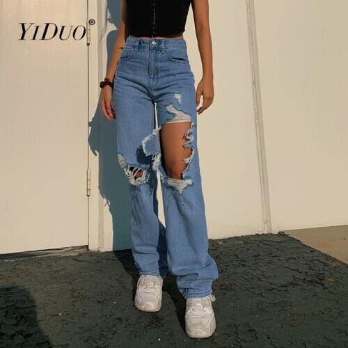 YiDuo Hollow Out Hole Distressed Ripped Blue Jeans Women Fashion High Waist Denim Pants High Street Y2K Casual Loose Trousers