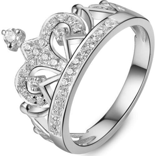 Pretty Queen Crown Solid Sterling 925 Silver Ring White Gold Color Anniversary Jewelry