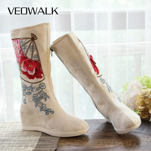 Veowalk Autumn Women Cotton Fabric Embroidered Mid Calf Boots 31cm High 6.5cm Hidden Wedge Comfortable Boot for Elegant Ladies