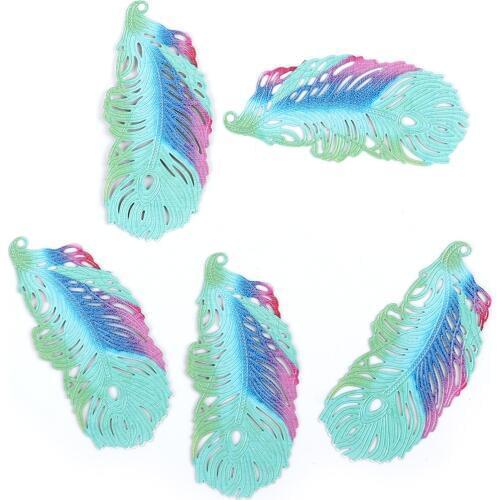 Iron Based Alloy Enamel Painting Pendants Feather Green Multicolor Filigree 60mm(2 3/8") x 27mm(1 1/8"), 5 PCs