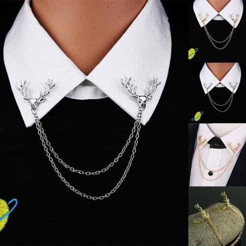 Deer Brooch Pin for Men Women Suit Vintage Shirt Collar Chain Brooches Elk Antler Lapel Pin Decoration