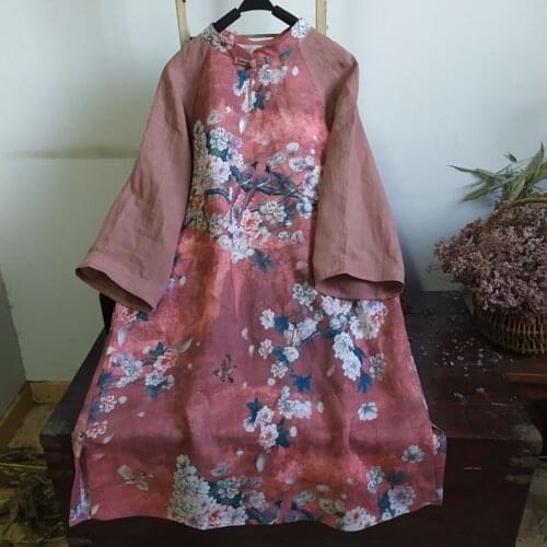 Women Spring Summer Ramie Linen Patchwork Bird Floral Chinese Style Dress Ladies Loose Spliced Dress Female Vintage Dresses