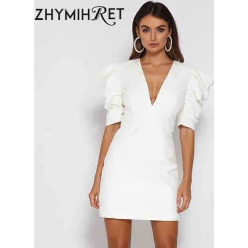 ZHYMIHRET White V Neck Puff Sleeve Mini Dress Women 2020 Summer Backless Office Lady Elegant Dress Hollow Out OL Vestidos
