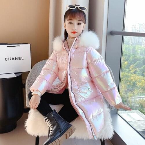 Girls Winter Coat 2021 New Fashion Fur Hooded Parkas Children Thickening Warm Bright Winter Jacket For Girls Outwear 3- 14Years