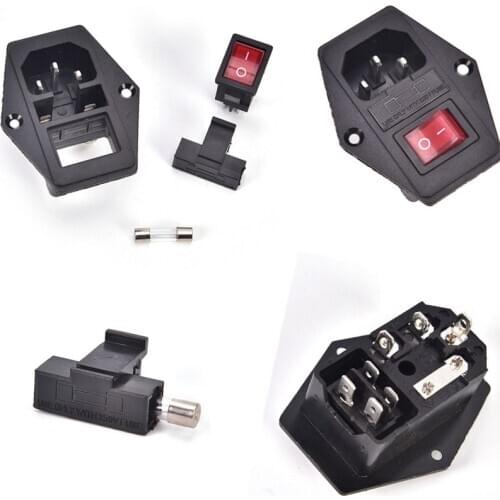 1PC AC 10A 250V 320 C14 Inlet Power Socket Fuse Switch Connector Plug Connector With 10A Fuse Red Rocker Switch Fused Socket