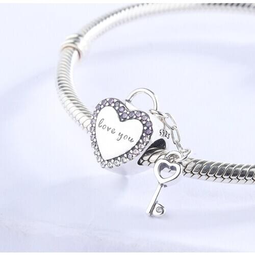 100% 925 Sterling Silver Bracelet Charms Heart Shape Charms Beads with Key Love You For DIY Original Jewelry Pendants Brand Char
