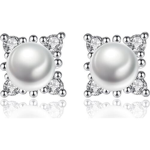100% 925 sterling silver fashion shiny crystal pearl ladiesstud earrings wholesale jewelry wedding gift drop shipping