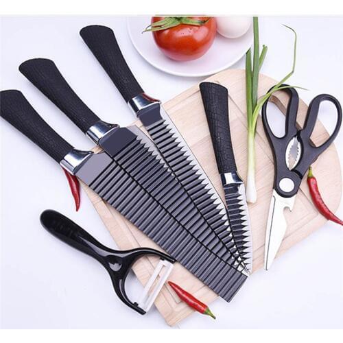 6 pcs/set Stainless Steel Kitchen Knife Set Wave Sharpener Cutting Chef Knife For Fruit Vegetable Meat Cooking Knives Scissors