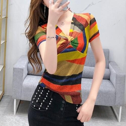 #6018 Rainbow Striped T Shirt Women Sexy V Neck Slim Short Sleeve T Shirt Female Mesh Tops Casual Short T Shirt For Girl Summer