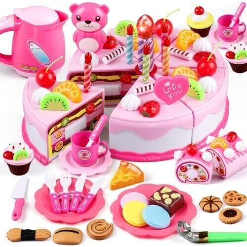 80PCS/Set Cake Food Kitchen Plastic Tea Cup Pretend Play Dishes Cutting Birthday Kettle Cookies Toys Kid Gifts Early Educational