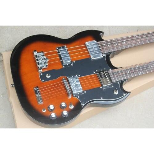 Custom 127 double neck bass guitar,4 strings bass 6 strings guitar,sunburst ,pearl inlay,HH pickups,chrome button