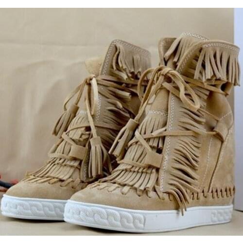 Height Increasing Tasse Shoes Real Picture Suede Fring High Top wedges woman Ankle Boots Custom Made Fine Handwork Women Shoes