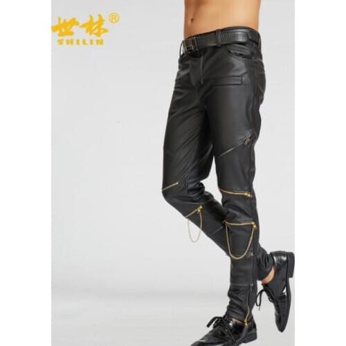 Multiple zippers faux leather pants mens motorcycle thin pu pants fashion trousers for men personality pantalon homme black