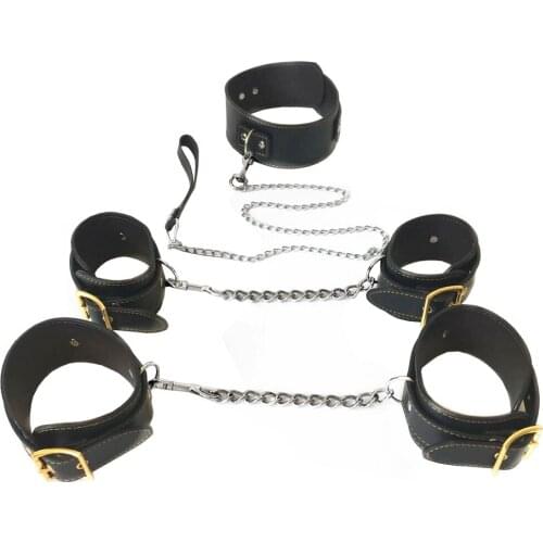 Black emperor SM leather high quality handcuffs feet handcuffs collar three pieces of binding binding black leather toys sex
