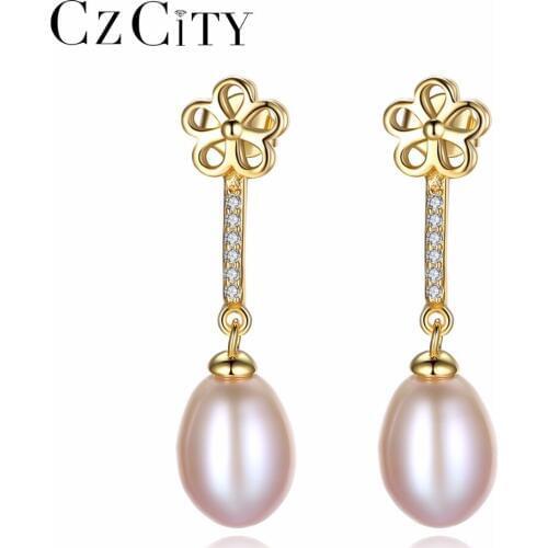 CZCITY Brand Pure Natural Pearl Flower Earrings 8-9mm Freshwater Pearls 925 Sterling Silver Dangle Vintage Earring Fine Jewelry