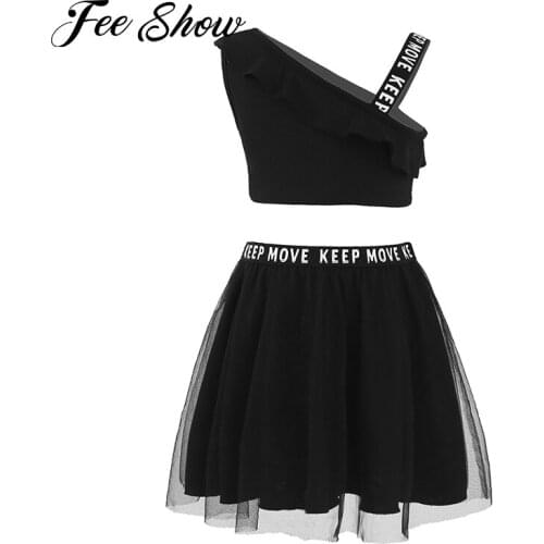 Kid Girls Sports Suit Dancewear Asymmetric Shoulder Single Strap Ruffle Trim Crop Tops and Mesh Skirt Set for Gym Tennis Workout