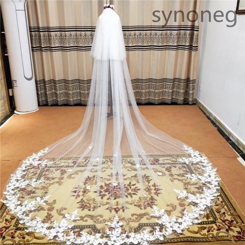 2020Real Photo 3m One Layer Wedding Veil With Comb White Lace Edge Bridal Veils Ivory Appliqued Cathedral Wedding Veil