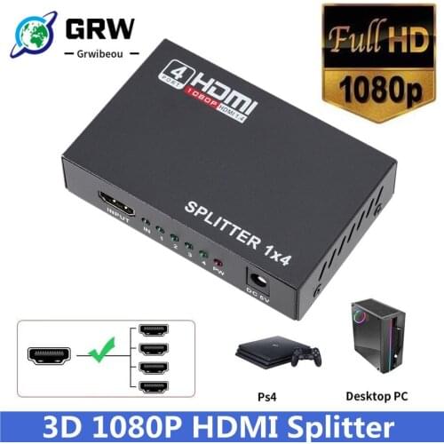 GRWIBEOU HD 3D HDMI-compatible Splitter HDCP 1 in 4 out Power Signal Amplifier 1x4 Audio Spliter Switch HD Converter Adapter