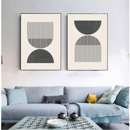 Mid century Style Woodblock s Print In Classic Geometric Shapes & Neutral Colors Canvas Painting Wall Picture Home Decor