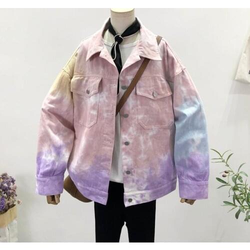 Plus size Tie-dye Gradient Denim jacket Harajuku Women Clothes Spring Autumn Loose Fashion Printing Jeans Coat Casual Streetwear