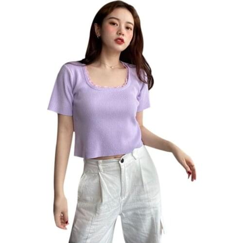 Summer Square Collar Corset Lace Knit Tshirt French Style Solid Color Ladies High Waist Short Sleeve Tee