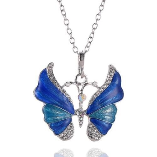 Many Colors Crystal Pendant Necklace Rose Gold Silver Color Sweater Chain Necklaces For Women Big Zircon Butterfly Wedding 2021