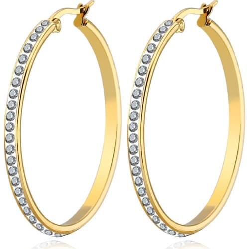 Fashionable Stainless Steel Round Earrings Titanium Steel Full Rhinestone Gold Plating Earrings
