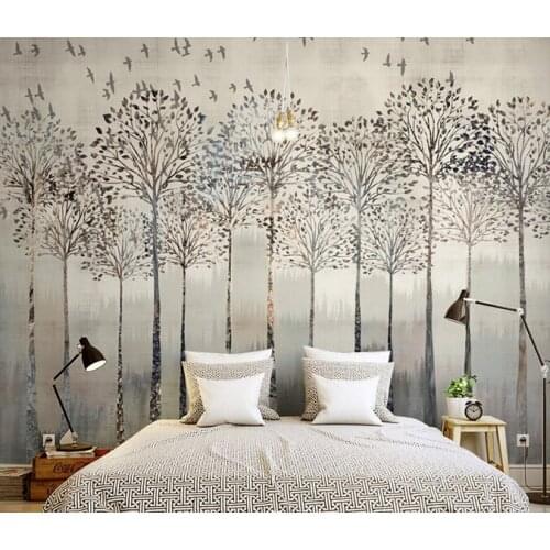 Bacaz Painted Straight Trees Birds Murals 3d Photo Murals Wallpaper for Walls Bedding Room Large Papel Mural 3d Wall Mural