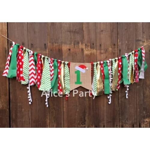 New Green Red Christmas Banner Highchair Bunting 1st Birthday Party Garland Banner Santa Hat Baby Shower Decor Nursery Hanging