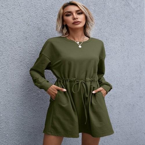 Autumn Dress Women Robe Femme A-Line Dresses Drawstring Pocket O-Neck Long Sleeve Slim Dress For Woman Clothing Vestido De Mujer
