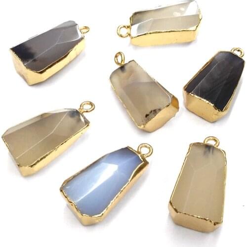 Natural Stone Pendant Necklace Accessories Trapezoidal Faceted Grey & Black Agates Stone Charms For Jewelry Making Bracelet Gift