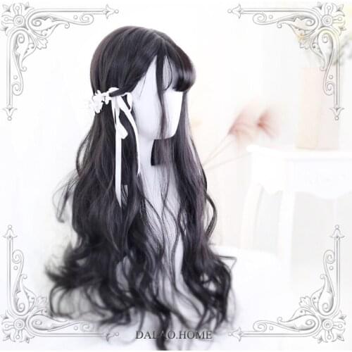 High Quality Harajuku Soft Sister Lolita 65CM+ Black And Brown Air Bangs Long Curly Wig Cosplay Costume Party