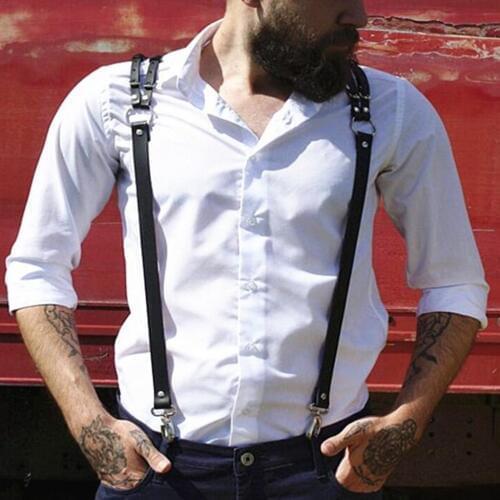 Adjustable Mens Black Artificial Leather Y-Back Braces with 3 Snap Hooks Clip-on for Business Men Women Belt Straps Suspenders