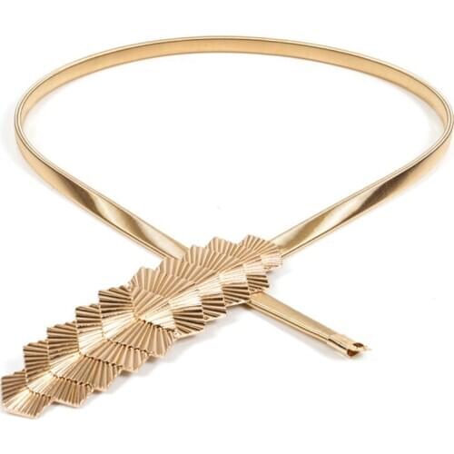 Gold Chain Belt Women Elastic Metal Leaf Buckle Waist Belt Ladies Dress Strap Waistband