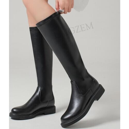 LAIGZEM Women Knee High Boots Faux Leather Stretchy 3CM Low Heels Ladies Autmn Winter Black Shoes Woman Big Size 33 39 41 42 43
