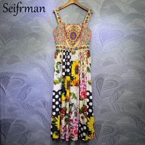 Seifrmann Women Summer Fashion Runway Party A-Line Dress Sexy Spaghetti Strap Crystal Beading Vintage Printed Ladies Midi Dress