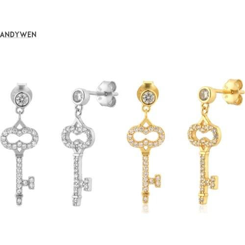ANDYWEN 925 Sterling Silver Gold Zircon CZ Key Drop Earring Piercing Pendiente Clips Rock Punk 2021 Fine Jewelry Fashion