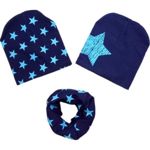 New Star Print Children Collar Cap Cotton Newborn Baby Scarf Hat 3pcs Set Spring Kids Beanies Boys Girls Crochet Hat Scarf Sets
