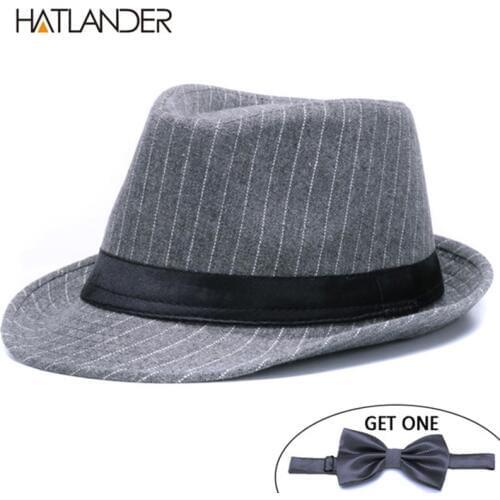 HATLANDER Brand Fashion stripe Fedoras hats men artificial woolen trilby hat women ladies top Jazz hat Gentleman Panama caps