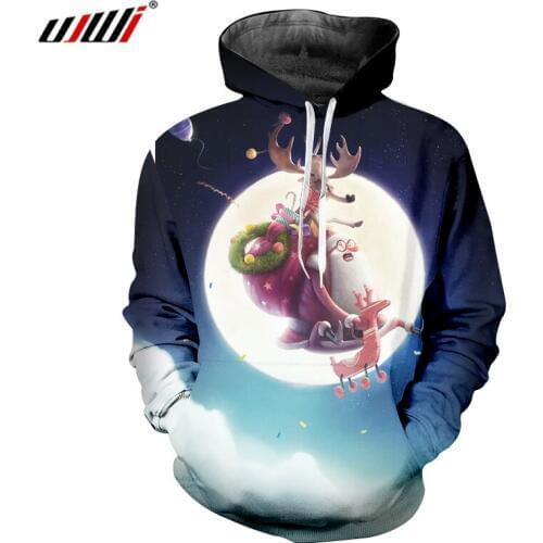 UJWI Mens Christmas Moon Pattern 3D Printed Lovely Hoodied Santa Claus And Elk Clothing Man Casual Trend Pullover